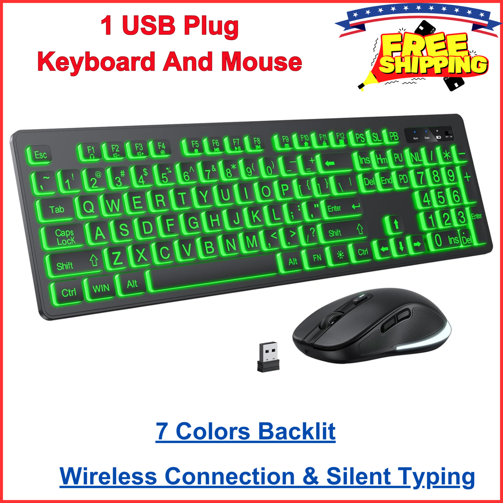Large Print Wireless Keyboard & Mouse 7 Colors Backlit Keybo