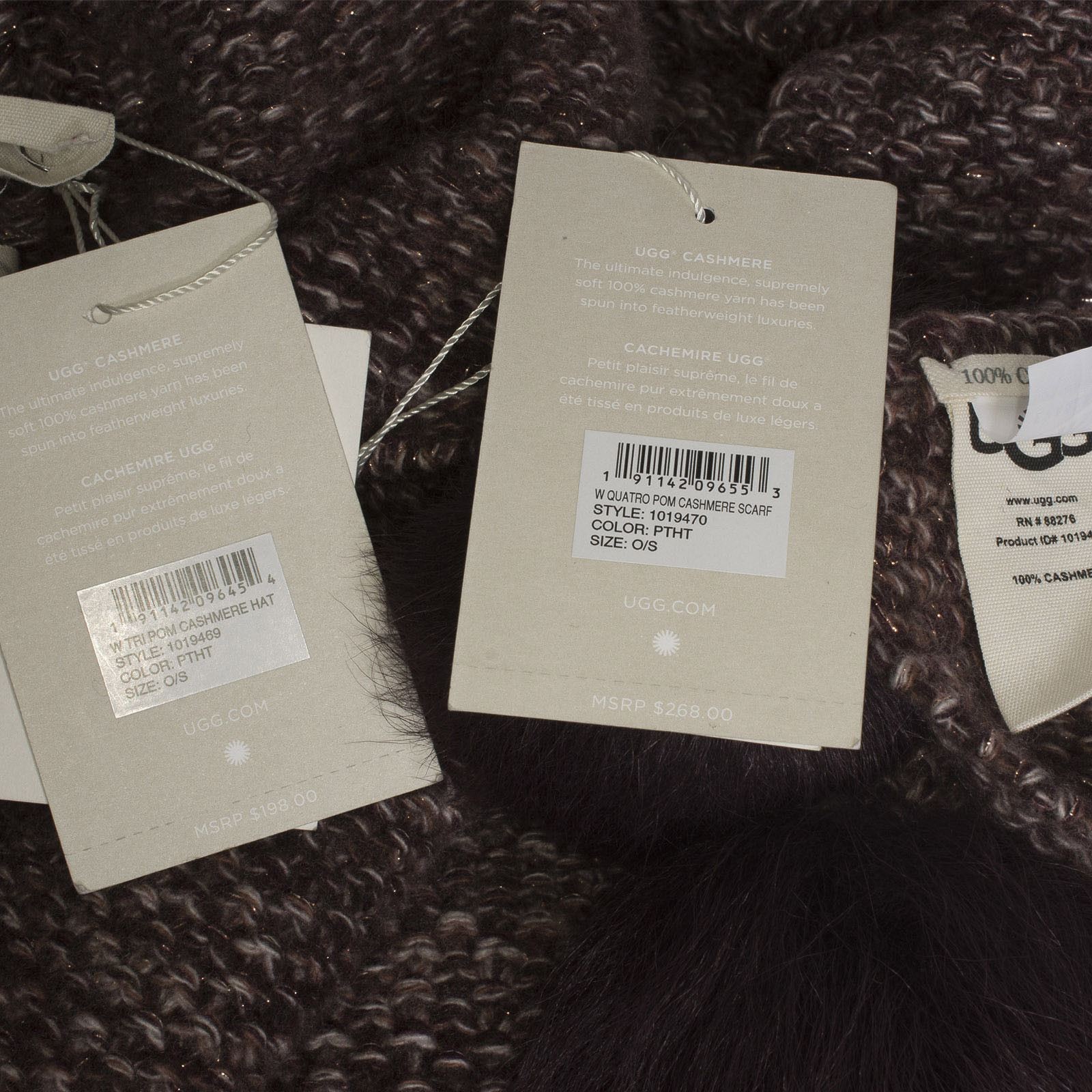 UGG QUATRO POM CASHMERE PORT PURPLE TOSCANA WOMEN'S HEATHER SCARF ONE SIZE NEW image 2
