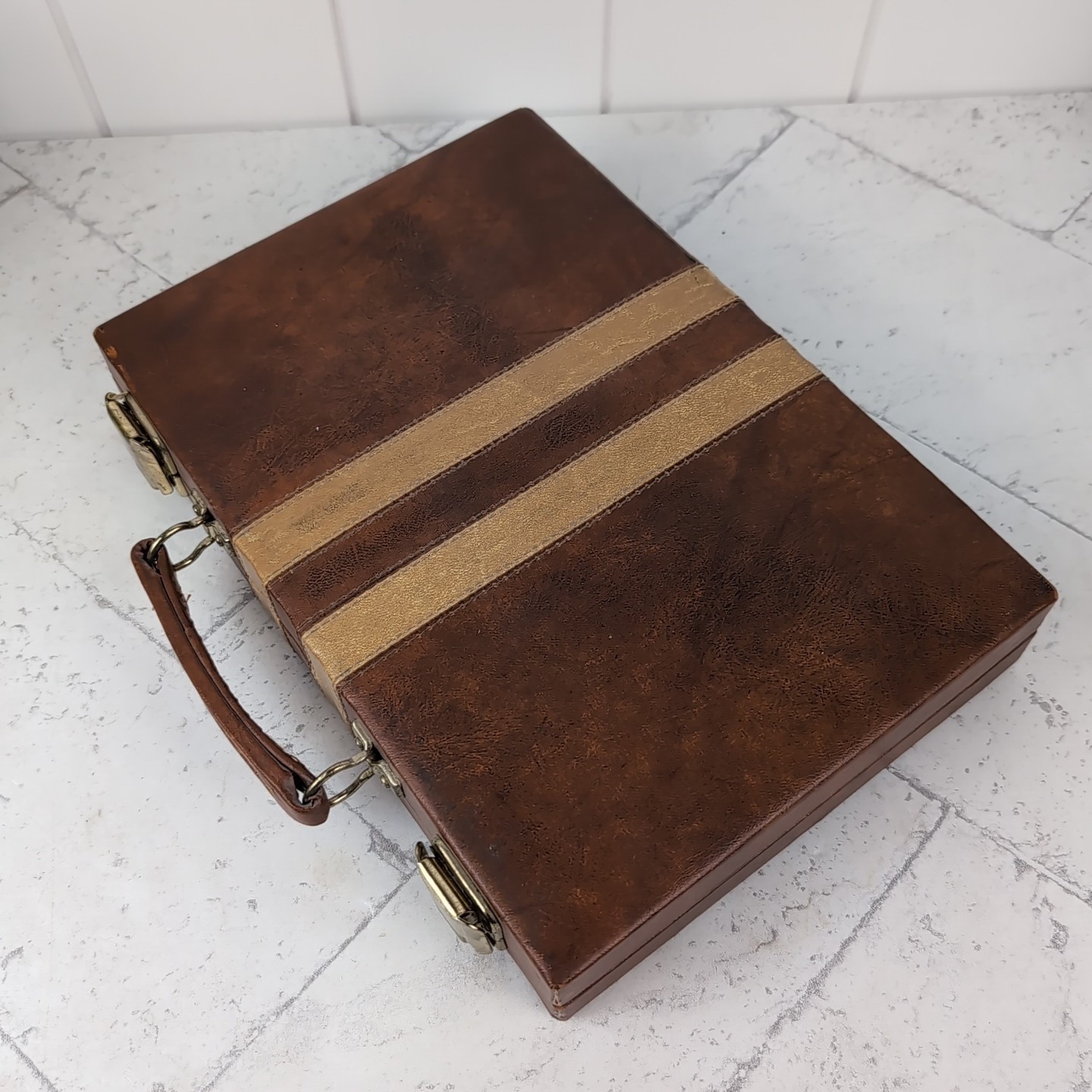 Vintage Backgammon Game Travel Case Set Faux Leather Tan Dark Brown 11" x 15"