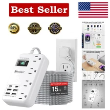 6 USB Surge Protector Power Strip with 15 Ft Cord - 4 AC Outlets, Wall Mountable