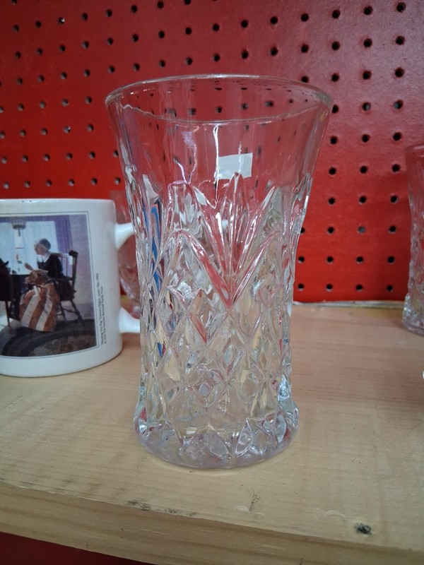 Set Of 6 Pressed glass tumblers with patterns like the quilted diamond and fan