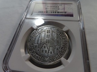 S33 Polonia Danzig 1927 plata 5 florines NGC XF detalles