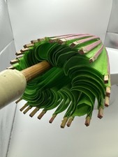 Vintage Chinese Bamboo Oil Paper Umbrella Parasol 32" Green Floral Des EUC