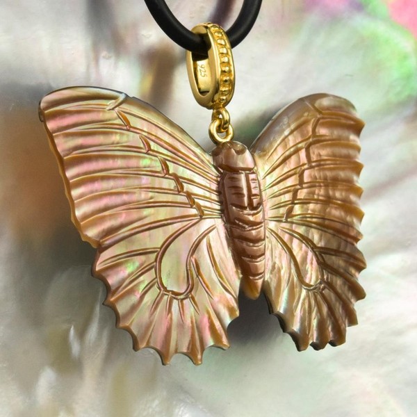Alternate view of Carved Multicolor Shell Butterfly Pendant Gold Vermeil Sterling Silver 7.34g