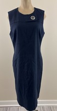 TORY BURCH Women 12 Navy Linen Blend Silver Logo Button Sleeveless Sheath Dress