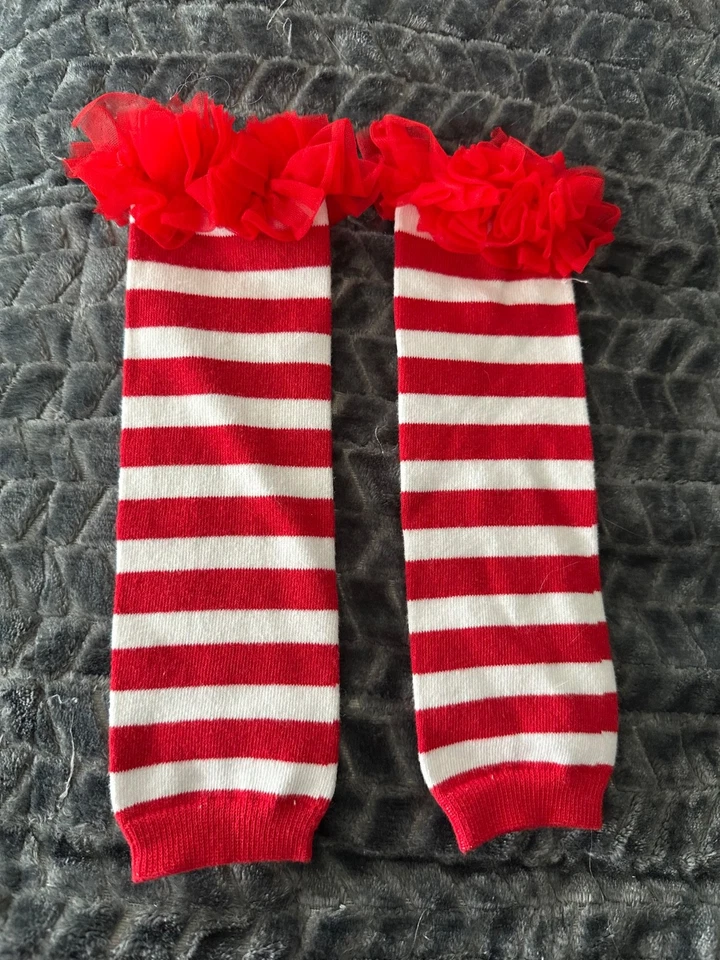 Calentadores de piernas para niñas de encaje rojo y blanco a rayas talla única Foto 2 de 4