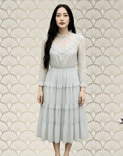 Vintage Ruffle Dress 1970s Crepe Chiffon Sheer Tiered Long Frill Neck Grey Small
