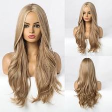 Human Hair New Women's Long Natural Brown Blond Wavy Wig 24 Inch