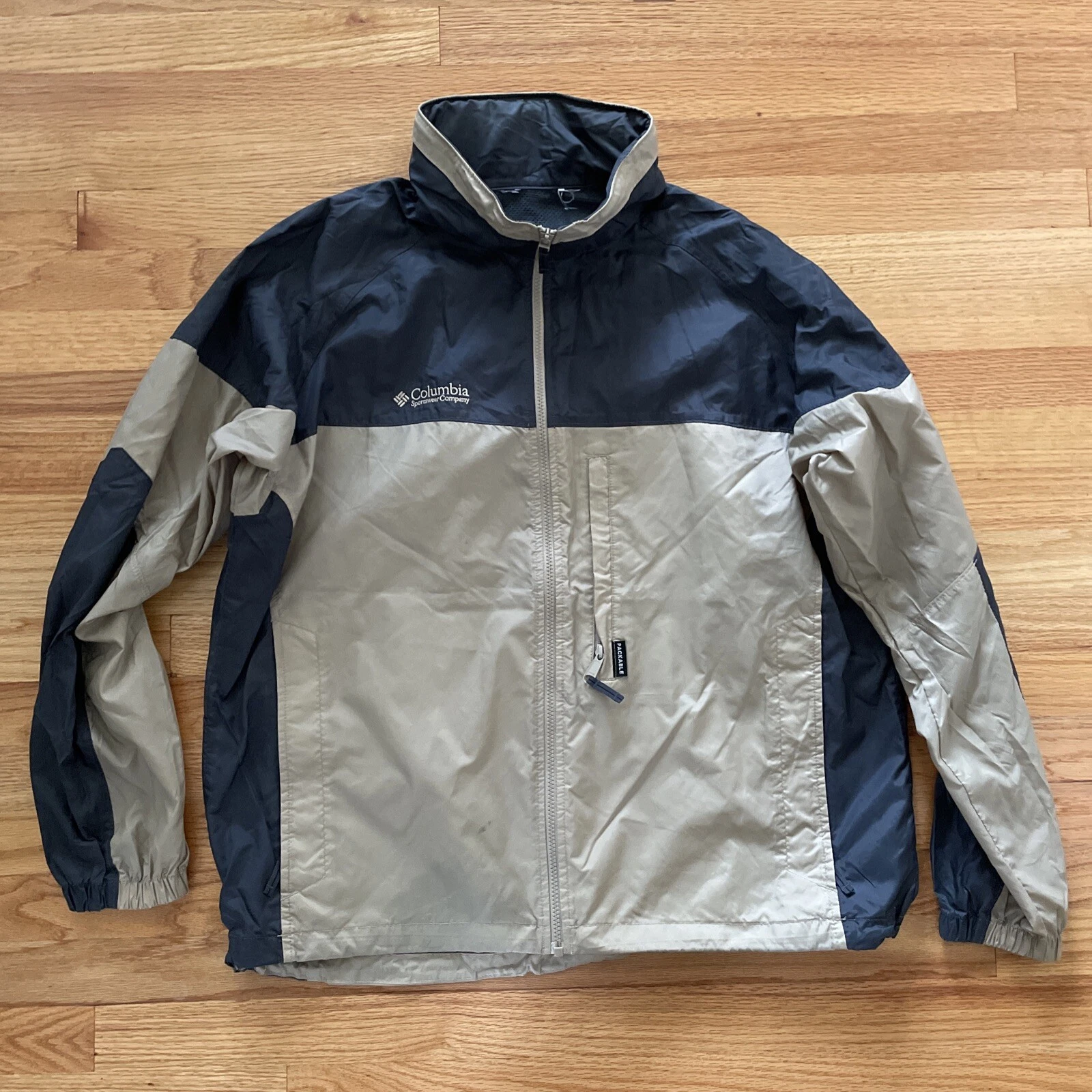 Columbia Vintage Jacket Men's L / XL Navy Beige Packable Windbreaker Hooded 203