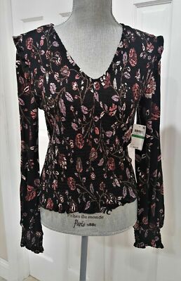 American Rag Black Floral Stretch Blouse - Size L Juniors - NEW