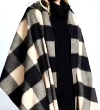 Kate Spade Broome Street Wool Blanket Scarf Beige Black 27X90 Oversize Wrap R3