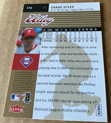 CHASE UTLEY 2006 FLEER ULTRA GOLD MEDALLION Card #116 NM-MT - Picture 2 of 2
