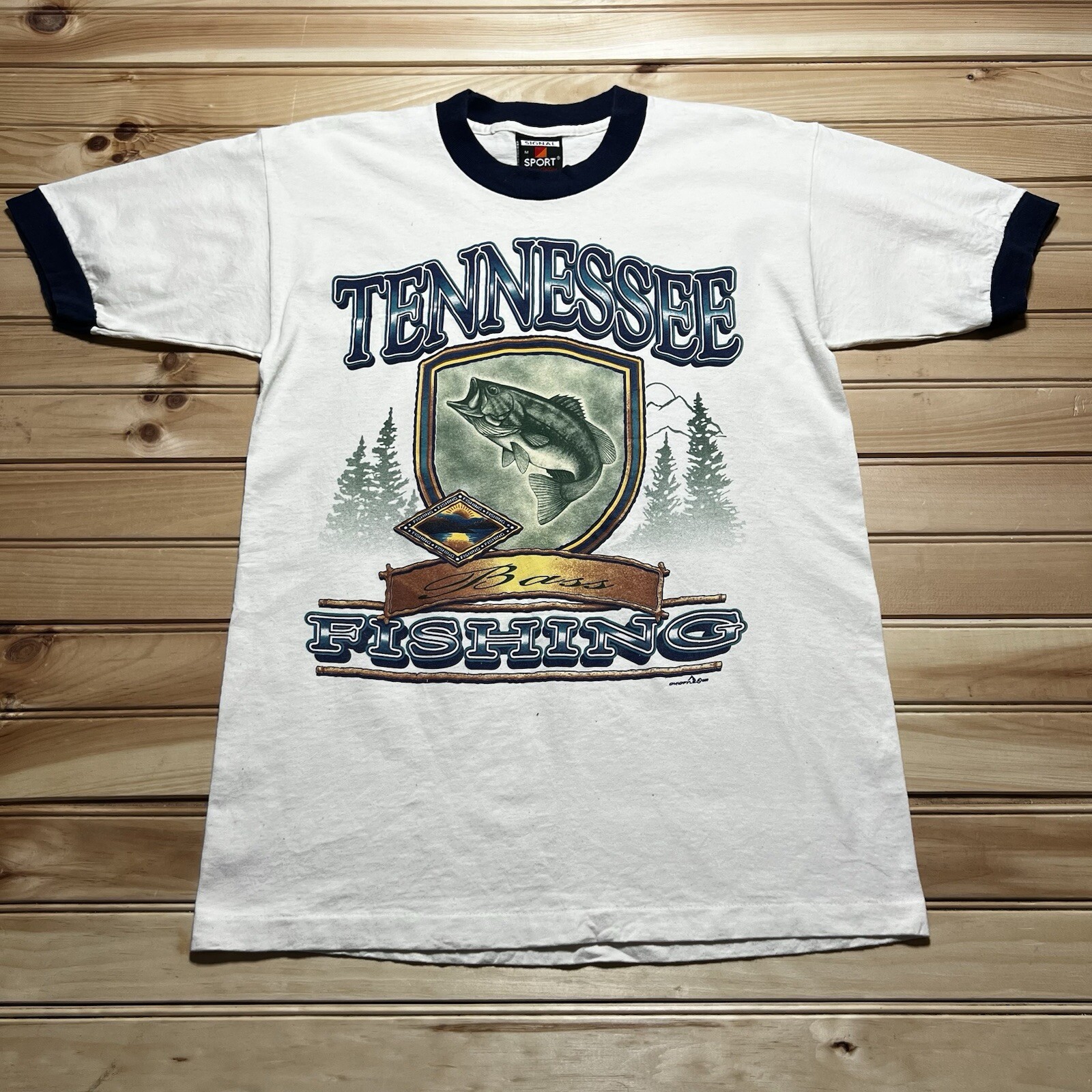Vintage 90s Tennessee Wildlife Bass Fishing Graphic Tee Ringer Shirt Medium