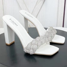 Simmi London Sandal Womens 7 White Diamanté Rhinestone Block Heel Mule Open Toe