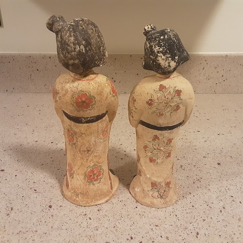 Vintage Pair of Tang Style Clay Women Lady Figurines - 8.5" & 8" Tall - Repaired - Picture 3 of 8