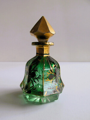 Antique Bohemia Austria Green Cut Glass PERFUME BOTTLE 1850s
