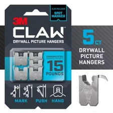 3M CLAW Drywall Picture Hanger Wall Hook 15lb Pack of 5 No Tools Needed