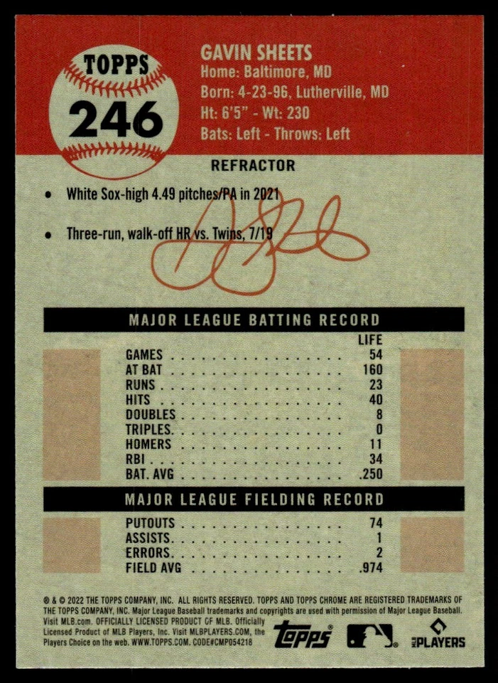 2022 Topps Chrome Platinum Refractor Gavin Sheets Chicago White Sox #246 R124 - Image 2 of 2