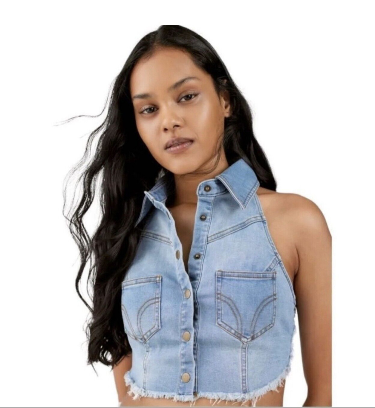 Halter Vest Crop Distressed Sz L Nwt