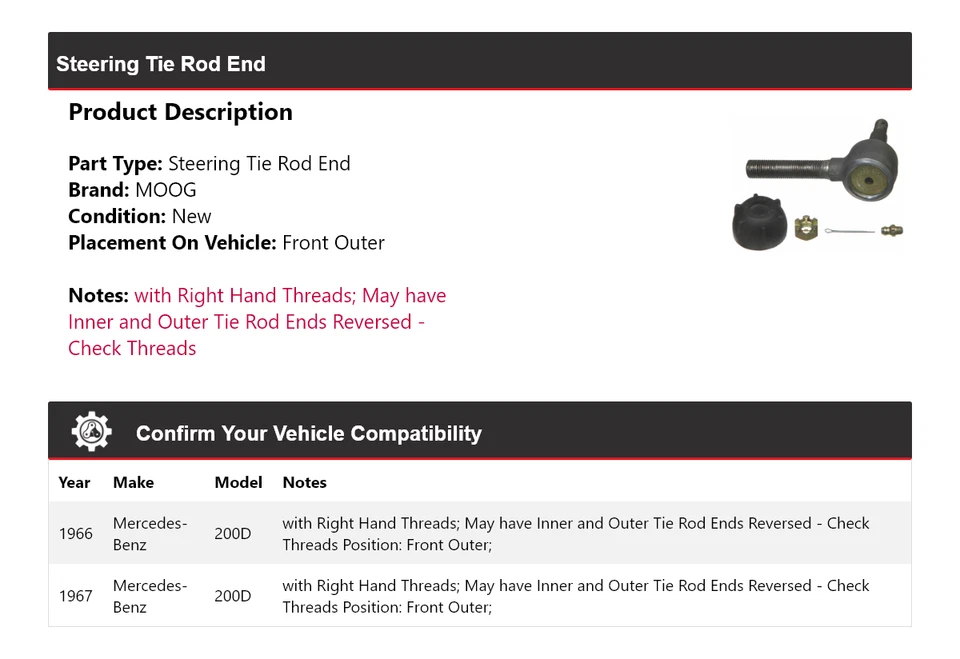 Para Mercedes-Benz 200D 1966-1967 Barra de dirección Extremo Delantero Exterior MOOG Foto 2 de 4