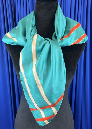 Silk Scarf Realities 1980s Liz Claiborne Japan Rolled Edge Teal Orange 35"x35" - Picture 2 of 7