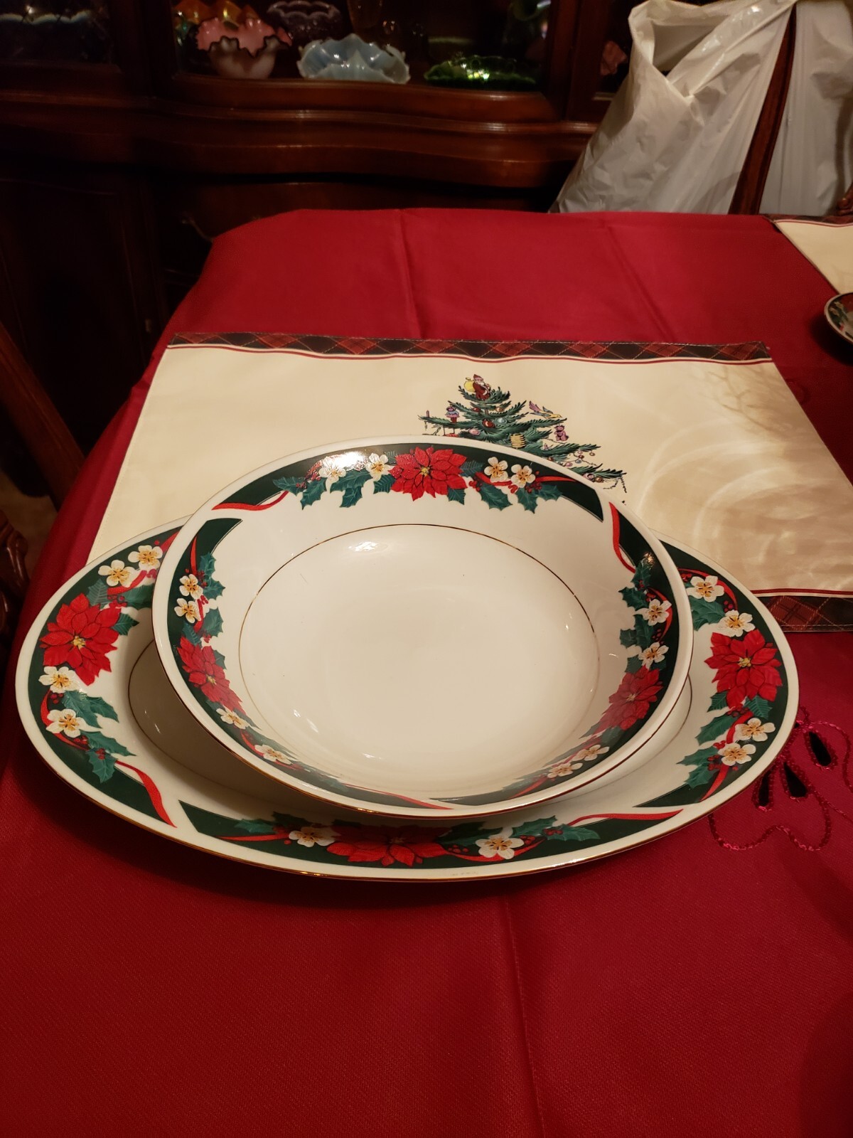TEINSHAN DECK THE HALLS CHINA SERVICE SERVING SET 1 LG BOWL & 1 PLATTER