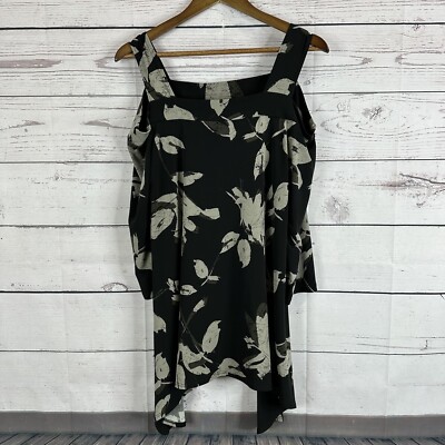 Clara Sun Woo Top Womens Medium Black Floral Slinky 3/4 Sleeve Tropical Art