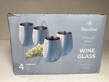 FineDine Stainless Steel Stemless Wine Glass Blue Marble 18 oz. New Set Of 4