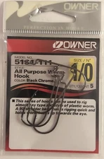 Owner All Purpose Worm Hook 5191-111 Size 1/0 Black Chrome - Package Of 5 Hooks