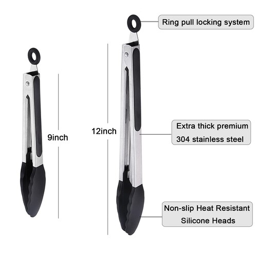 Kitchen Tongs for Cooking with Non-Stick Silicone Tip 2 Pack 9" & 12" Heat Re... - Picture 2 of 9