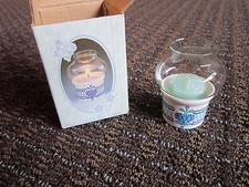 Blue & White Heart Design Mini Hurricane Lamp Candle 2.75" Tiny Vintage Dutch