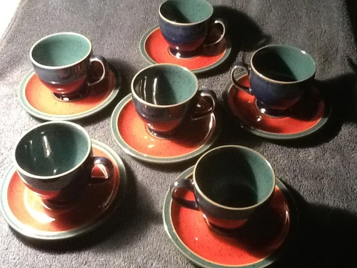 6 DENBY CLASSIC COFFEE MUGS CUPS w/ 6 SAUCERS MULTI COLOR VERY GOOD CONDITION