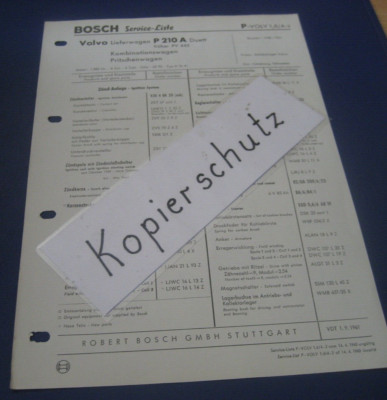 Volvo P 210 A Duett Bj. 1958 - 61,  orig. Bosch Service-Liste  (ET Liste)