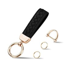 Genuine Leather Car Keychain, Handmade Knit Sheepskin Key chains for Black