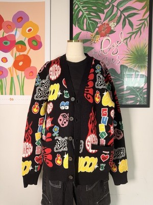 Gucci Unisex Graphic Jacquard Cardigan Black Multicolour Knit Sweater Fits S-L
