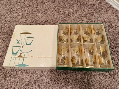 Vintage MCM Libbey Embossed Gold Foliage Highball Glasses Set of 8 Original Box