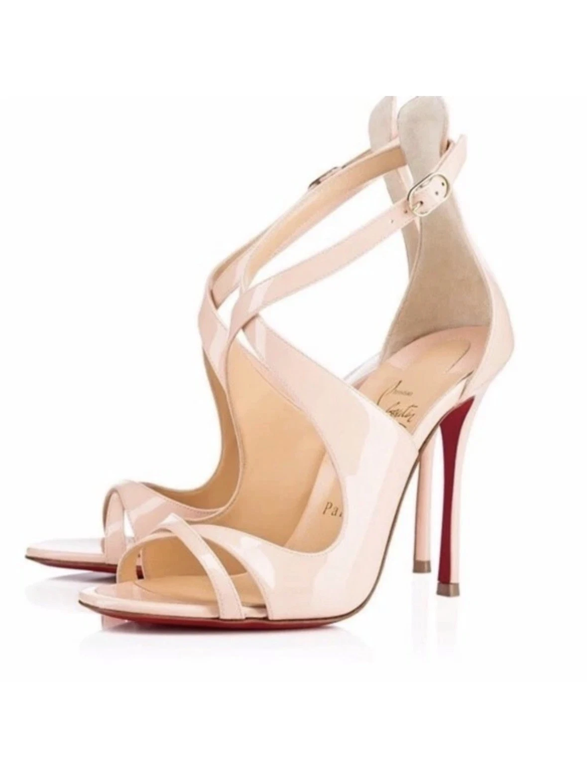 Christian Louboutin — Gorgeous Christian Louboutin Nude Leather Malefissima 100 Ankle Strap  Sz 38.5