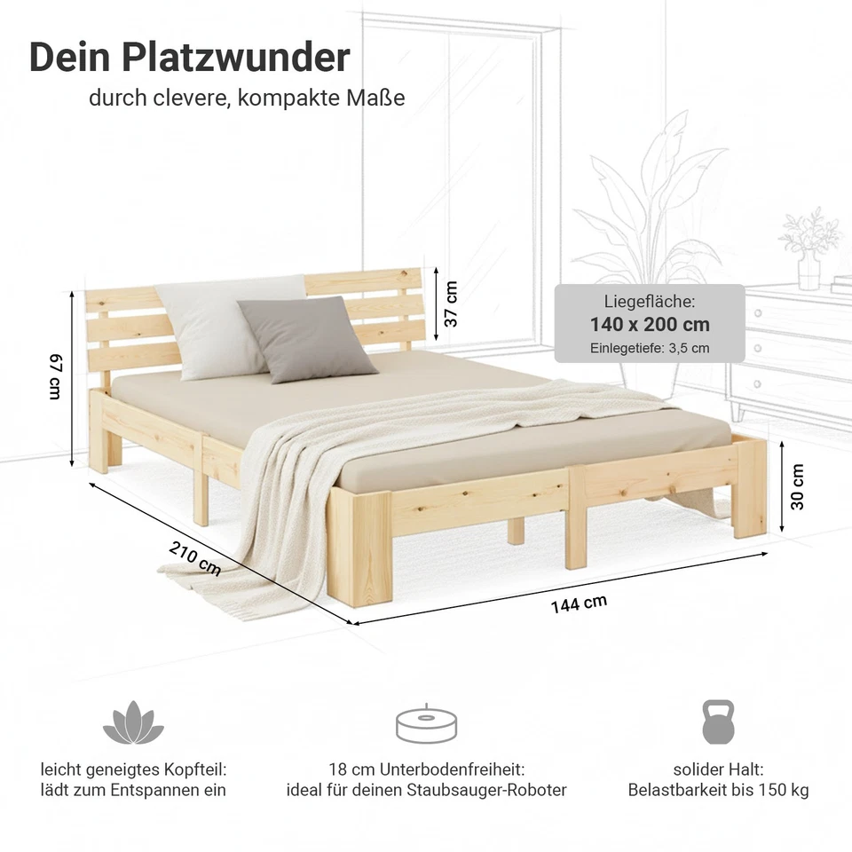 Lit en Bois Double Adulte 180x200 Massif Cadre de Sommier à Lattes Homestyle4u - Photo 3/4