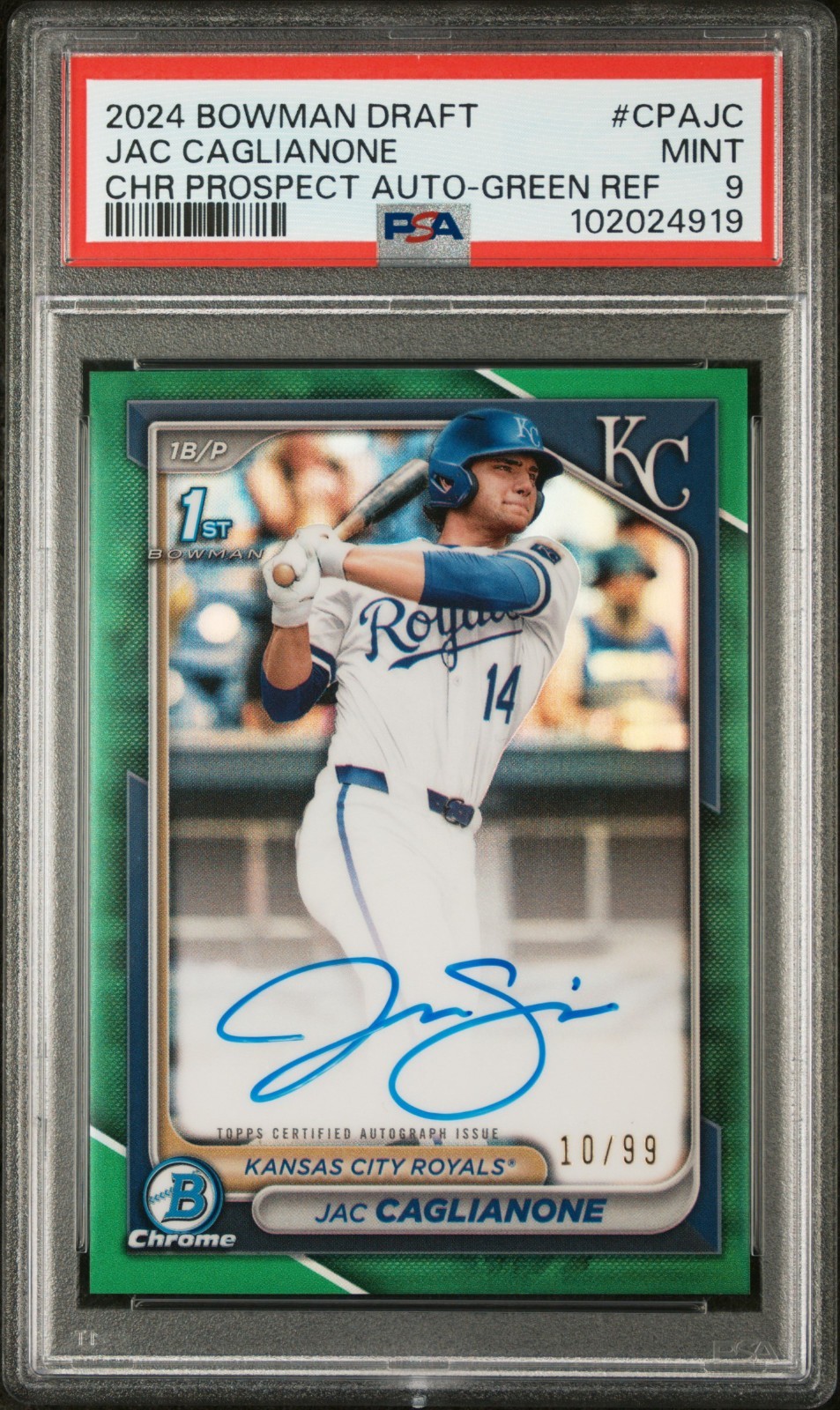 2024 Bowman Draft Jac Caglianone 1st Chrome True Green Refractor Auto /99 PSA 9