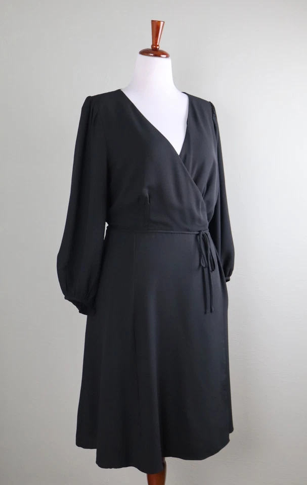 Vestido ANN TAYLOR NUEVO CON ETIQUETAS $129 Negro Sólido Verdadero Envoltura Manga Globo Talla 16 Pequeño Foto 3 de 4