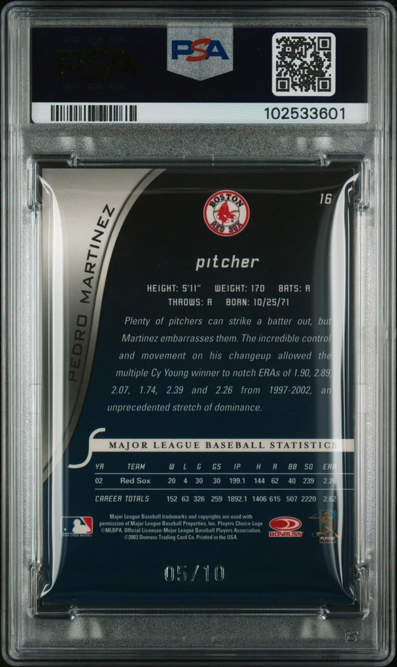 Donruss Signature Decead 2003 automático #16 Pedro Martinez 97 Cy Young #/10 PSA Pop 1 Foto 2 de 2
