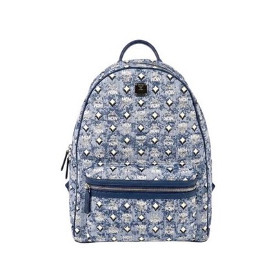 NEW MCM Stark Medium Backpack Blue Denim Visetos Monogram Studded Luxury Bag
