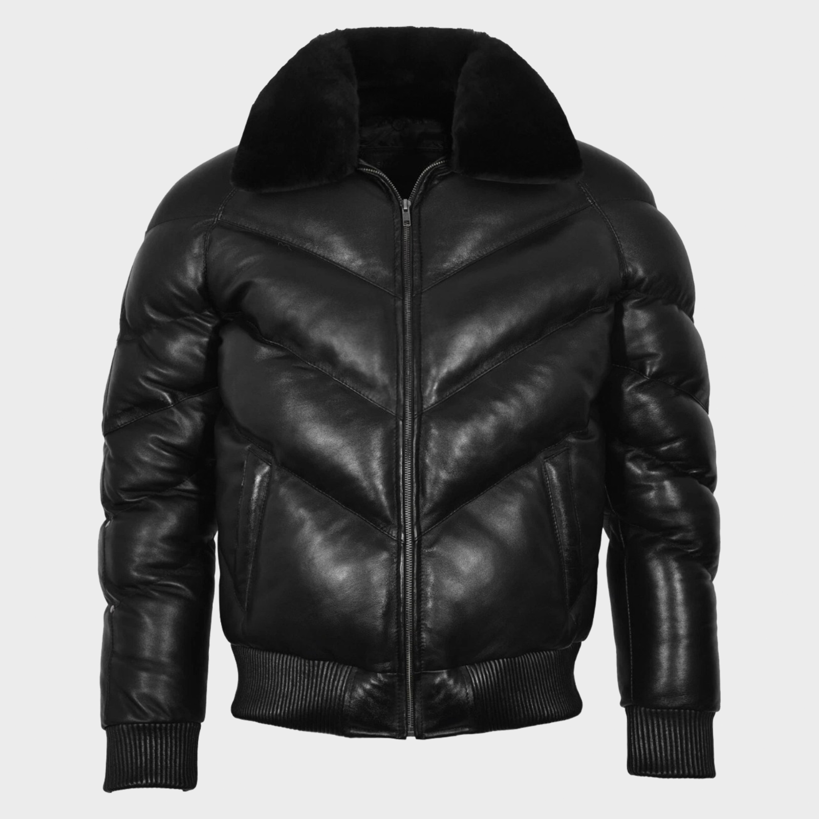 Handmade Men’s Black Lambskin Leather Puffer Jacket – Removable Collar