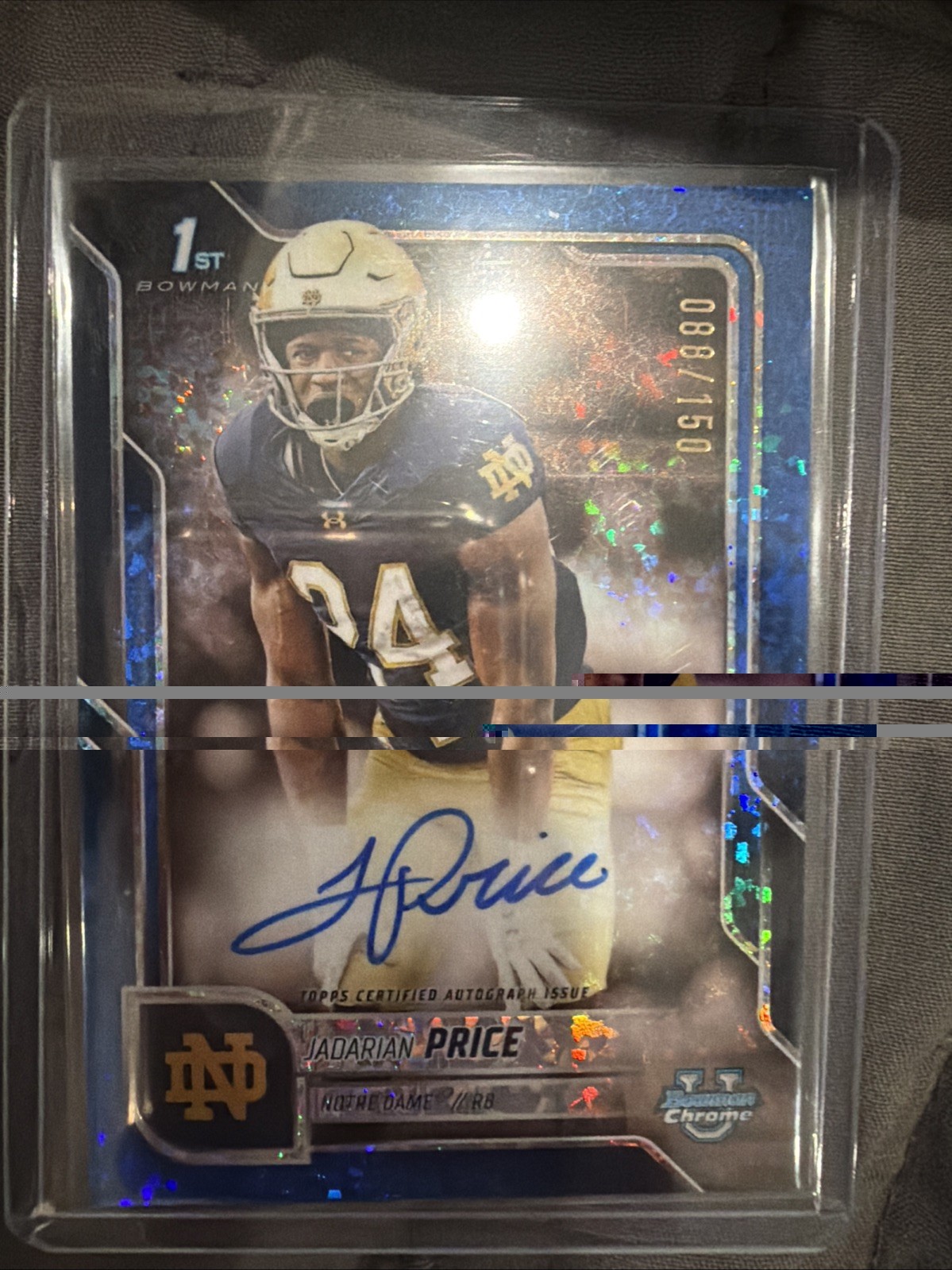 Jadarian Price 2025 Bowman Chrome U 1st Blue Mini Diamond Auto /150 Notre Dame
