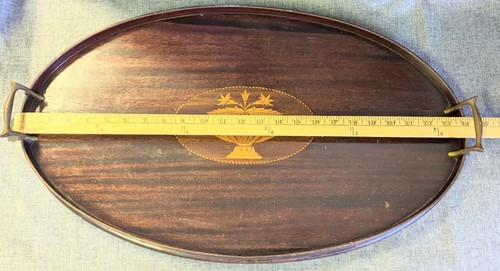Antique EFS Oval Butler's Serving Tray Mahogany Inlaid Urn Brass Handles 14x24" - Picture 13 of 13