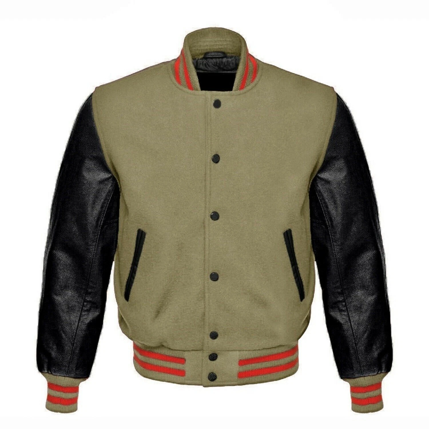 Beige Wool Varsity Jacket Black Leather Sleeves – Red Trim Letterman Style