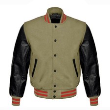 Beige Wool Varsity Jacket Black Leather Sleev...