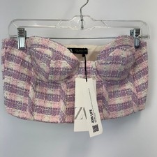 Zara Tweed Bustier Crop Top Pink Purple Plaid Size M NWT