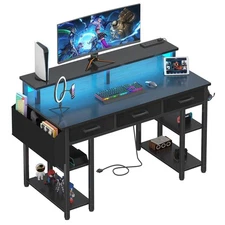 Gaming Desk with Led Lights and Power Outlets, 47 Inch Home Office Desk with ...
