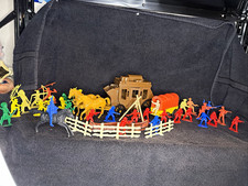 Vintage Plastic Cowboy Western Toy Set Figures Horses Wagon Boat lot of 38